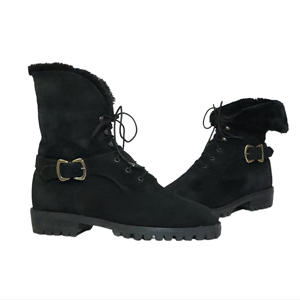 Aquatalia Lace Up Fur Lined Combat Boots in Black Suede Y2K Womens Size 7